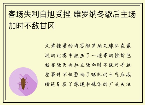 客场失利白旭受挫 维罗纳冬歇后主场加时不敌甘冈